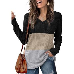 imageSaloogoe Womens Long Sleeve Tops V Neck Shirts Lightweight Tunic Sweaters Fashion 2024Unique Color Block2
