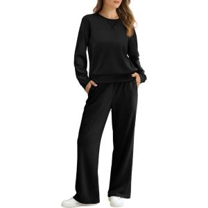 imageSaloogoe Lounge Sets for Women 2 Piece Sweatsuits Travel Outfits Fall Crewneck Sweatshirts Wide Leg Sweatpants Matching Sets