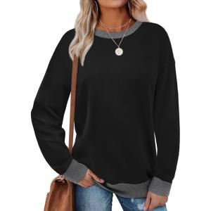 imageSaloogoe Sweatshirts for Women Crewneck Long Sleeve Loose Fit Tops Color Block Ribbed Trim Fashion 2024Cblack