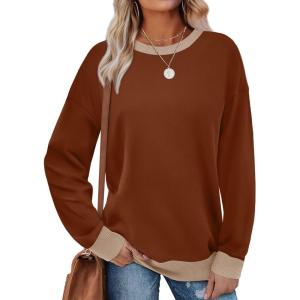 imageSaloogoe Sweatshirts for Women Crewneck Long Sleeve Loose Fit Tops Color Block Ribbed Trim Fashion 2024Ccaramel