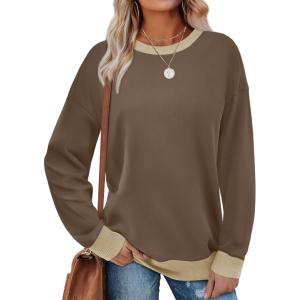 imageSaloogoe Sweatshirts for Women Crewneck Long Sleeve Loose Fit Tops Color Block Ribbed Trim Fashion 2024Dcoffee