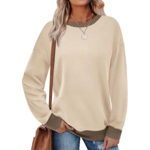 imageSaloogoe Sweatshirts for Women Crewneck Long Sleeve Loose Fit Tops Color Block Ribbed Trim Fashion 2024Dkhaki