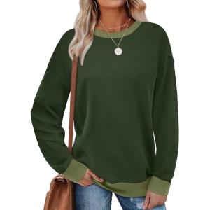 imageSaloogoe Sweatshirts for Women Crewneck Long Sleeve Loose Fit Tops Color Block Ribbed Trim Fashion 2024Egreen