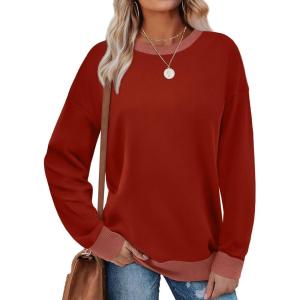 imageSaloogoe Sweatshirts for Women Crewneck Long Sleeve Loose Fit Tops Color Block Ribbed Trim Fashion 2024Ered