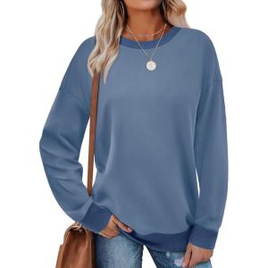 imageSaloogoe Sweatshirts for Women Crewneck Long Sleeve Loose Fit Tops Color Block Ribbed Trim Fashion 2024Fblue