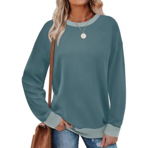 imageSaloogoe Sweatshirts for Women Crewneck Long Sleeve Loose Fit Tops Color Block Ribbed Trim Fashion 2024Fcadetblue
