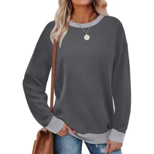 imageSaloogoe Sweatshirts for Women Crewneck Long Sleeve Loose Fit Tops Color Block Ribbed Trim Fashion 2024Fdark Grey