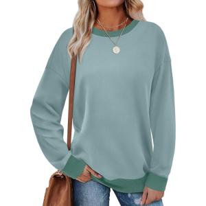imageSaloogoe Sweatshirts for Women Crewneck Long Sleeve Loose Fit Tops Color Block Ribbed Trim Fashion 2024Flight Green Blue