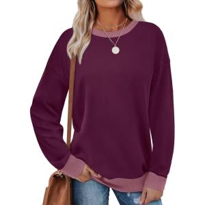 imageSaloogoe Sweatshirts for Women Crewneck Long Sleeve Loose Fit Tops Color Block Ribbed Trim Fashion 2024Fpurple