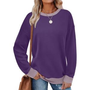 imageSaloogoe Sweatshirts for Women Crewneck Long Sleeve Loose Fit Tops Color Block Ribbed Trim Fashion 2024Ggrape Purple