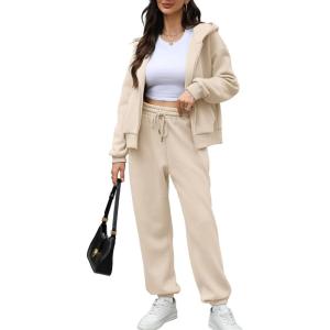 imageSaloogoe Sweatsuits Women 2 Piece Outfits 2024 Fall Fleece Sweatshirt Sets Zip Up Hoodie Sets Travel Lounge SetsApricot