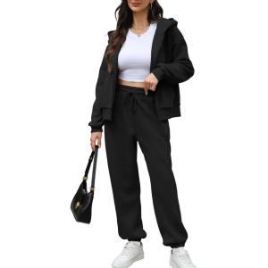 imageSaloogoe Sweatsuits Women 2 Piece Outfits 2024 Fall Fleece Sweatshirt Sets Zip Up Hoodie Sets Travel Lounge SetsBlack