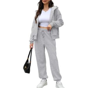 imageSaloogoe Sweatsuits Women 2 Piece Outfits 2024 Fall Fleece Sweatshirt Sets Zip Up Hoodie Sets Travel Lounge SetsClassic Grey