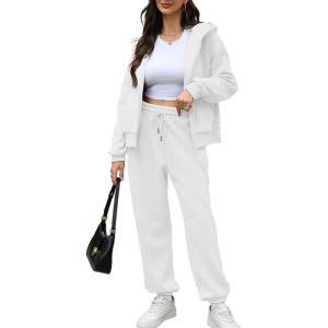 imageSaloogoe Sweatsuits Women 2 Piece Outfits 2024 Fall Fleece Sweatshirt Sets Zip Up Hoodie Sets Travel Lounge SetsClassic White