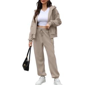 imageSaloogoe Sweatsuits Women 2 Piece Outfits 2024 Fall Fleece Sweatshirt Sets Zip Up Hoodie Sets Travel Lounge SetsCoffee