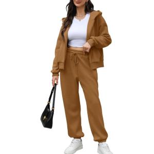 imageSaloogoe Sweatsuits Women 2 Piece Outfits 2024 Fall Fleece Sweatshirt Sets Zip Up Hoodie Sets Travel Lounge SetsDark Brown