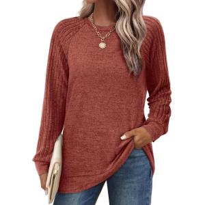 imageSaloogoe Tunic Sweatshirts for Women Crewneck Lightweight Sweaters Raglan Long Sleeve Shirts Fall Fashion Tops 2024All Caramel