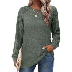 imageSaloogoe Tunic Sweatshirts for Women Crewneck Lightweight Sweaters Raglan Long Sleeve Shirts Fall Fashion Tops 2024All Green