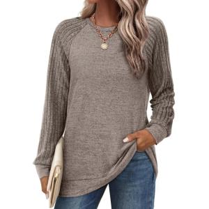 imageSaloogoe Tunic Sweatshirts for Women Crewneck Lightweight Sweaters Raglan Long Sleeve Shirts Fall Fashion Tops 2024All Khaki