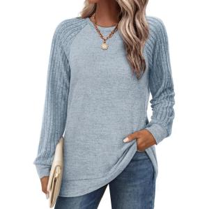 imageSaloogoe Tunic Sweatshirts for Women Crewneck Lightweight Sweaters Raglan Long Sleeve Shirts Fall Fashion Tops 2024Blue