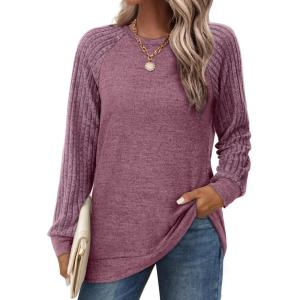 imageSaloogoe Tunic Sweatshirts for Women Crewneck Lightweight Sweaters Raglan Long Sleeve Shirts Fall Fashion Tops 2024Classic Purple