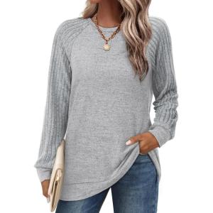 imageSaloogoe Tunic Sweatshirts for Women Crewneck Lightweight Sweaters Raglan Long Sleeve Shirts Fall Fashion Tops 2024Grey