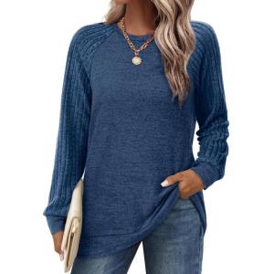 imageSaloogoe Tunic Sweatshirts for Women Crewneck Lightweight Sweaters Raglan Long Sleeve Shirts Fall Fashion Tops 2024Navy