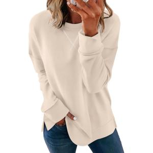 imageSaloogoe Womens Casual Loose Fit Sweatshirt Trendy Tops Crewneck Side Split Long Sleeve ShirtsApricot