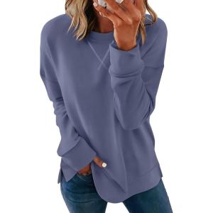 imageSaloogoe Womens Casual Loose Fit Sweatshirt Trendy Tops Crewneck Side Split Long Sleeve ShirtsBlue