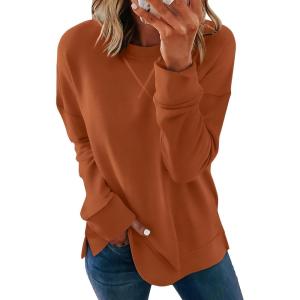imageSaloogoe Womens Casual Loose Fit Sweatshirt Trendy Tops Crewneck Side Split Long Sleeve ShirtsCaramel