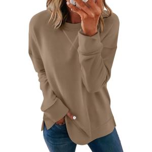 imageSaloogoe Womens Casual Loose Fit Sweatshirt Trendy Tops Crewneck Side Split Long Sleeve ShirtsCoffee