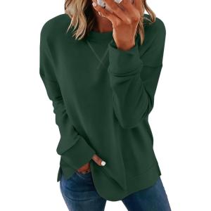 imageSaloogoe Womens Casual Loose Fit Sweatshirt Trendy Tops Crewneck Side Split Long Sleeve ShirtsGreen