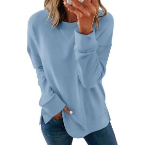 imageSaloogoe Womens Casual Loose Fit Sweatshirt Trendy Tops Crewneck Side Split Long Sleeve ShirtsLight Blue