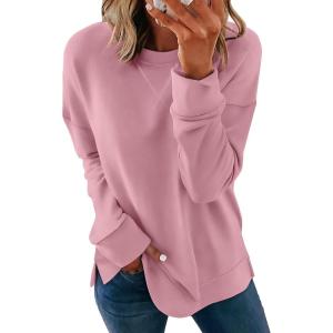 imageSaloogoe Womens Casual Loose Fit Sweatshirt Trendy Tops Crewneck Side Split Long Sleeve ShirtsPink