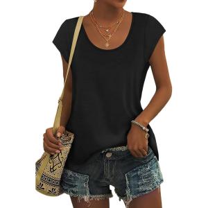 imageSaloogoe Womens Summer Tops 2025 Cap Sleeve U Neck T Shirts Short Sleeve Tshirts Shirts Beach Fashion Vacation OutfitsAll Black