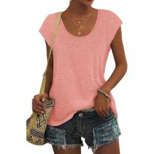 imageSaloogoe Womens Summer Tops 2025 Cap Sleeve U Neck T Shirts Short Sleeve Tshirts Shirts Beach Fashion Vacation OutfitsAll Coral