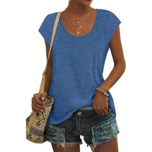 imageSaloogoe Womens Summer Tops 2025 Cap Sleeve U Neck T Shirts Short Sleeve Tshirts Shirts Beach Fashion Vacation OutfitsBlue