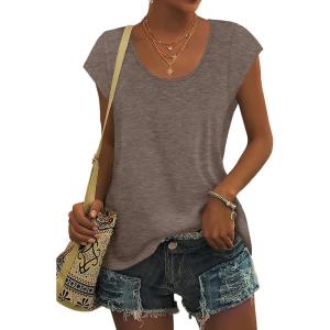 imageSaloogoe Womens Summer Tops 2025 Cap Sleeve U Neck T Shirts Short Sleeve Tshirts Shirts Beach Fashion Vacation OutfitsCoffee