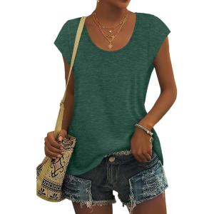 imageSaloogoe Womens Summer Tops 2025 Cap Sleeve U Neck T Shirts Short Sleeve Tshirts Shirts Beach Fashion Vacation OutfitsGreen
