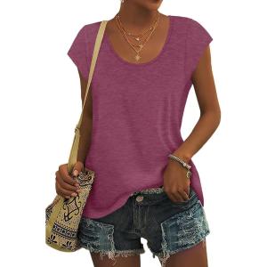 imageSaloogoe Womens Summer Tops 2025 Cap Sleeve U Neck T Shirts Short Sleeve Tshirts Shirts Beach Fashion Vacation OutfitsPurple Red