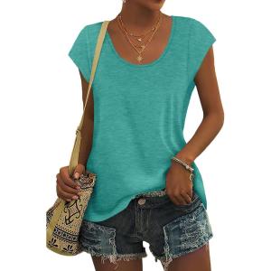 imageSaloogoe Womens Summer Tops 2025 Cap Sleeve U Neck T Shirts Short Sleeve Tshirts Shirts Beach Fashion Vacation OutfitsTurquoise