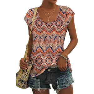 imageSaloogoe Womens Summer Tops 2025 Cap Sleeve U Neck T Shirts Short Sleeve Tshirts Shirts Beach Fashion Vacation OutfitsUnique Bohemia
