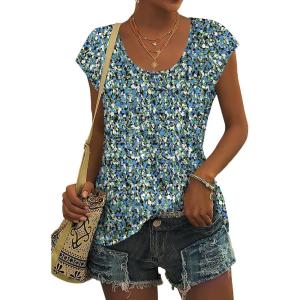 imageSaloogoe Womens Summer Tops 2025 Cap Sleeve U Neck T Shirts Short Sleeve Tshirts Shirts Beach Fashion Vacation OutfitsUnique Floral Blue