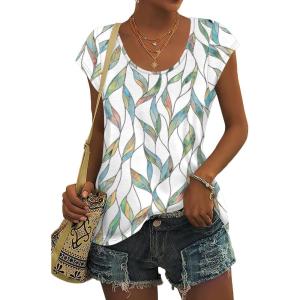 imageSaloogoe Womens Summer Tops 2025 Cap Sleeve U Neck T Shirts Short Sleeve Tshirts Shirts Beach Fashion Vacation OutfitsUnique Leaf Print