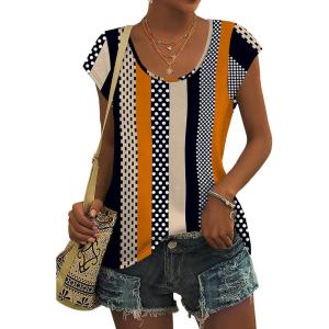 imageSaloogoe Womens Summer Tops 2025 Cap Sleeve U Neck T Shirts Short Sleeve Tshirts Shirts Beach Fashion Vacation OutfitsUnique Stripe and Polka Dot