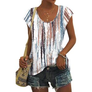 imageSaloogoe Womens Summer Tops 2025 Cap Sleeve U Neck T Shirts Short Sleeve Tshirts Shirts Beach Fashion Vacation OutfitsWhite Tie Dye