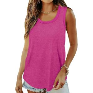 imageSaloogoe Womens Tank Tops Summer Loose Sleeveless Tops Ribbed Trim Scoop Neck Curved Hem 2024Ghot Pink