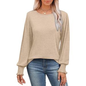 imageSaloogoe Womens Tunic Tops Long Ruffle Sleeve Shirts for Women Casual Loose Blouses Fashion 2024Beige
