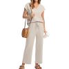 imageSaloogoe Two Piece Sets for Women Summer Outfits Lounge Sets V Neck Tops Wide Leg Pants Woman Vacation Travel OutfitsBeige