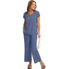 imageSaloogoe Two Piece Sets for Women Summer Outfits Lounge Sets V Neck Tops Wide Leg Pants Woman Vacation Travel OutfitsBlue